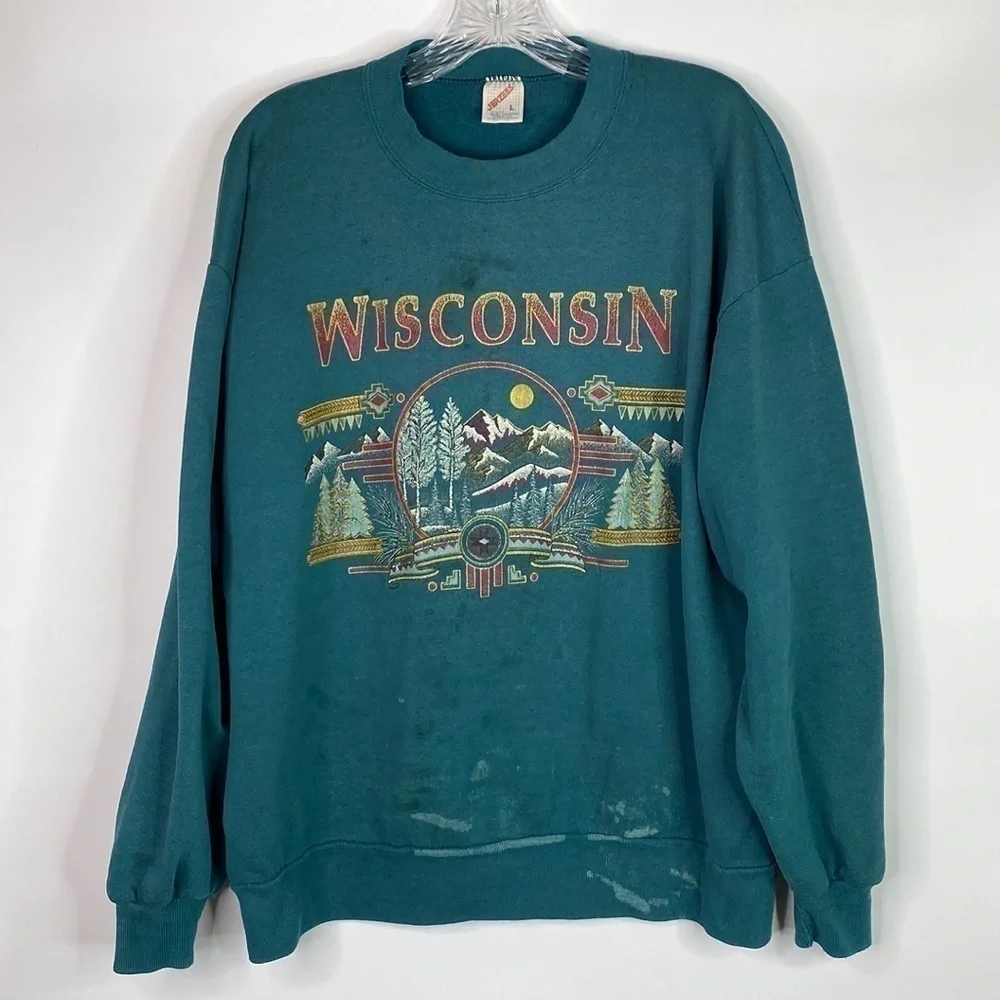 Vintage Jerzees Wisconsin Green Crewneck Sweatshirt Size Large Grunge